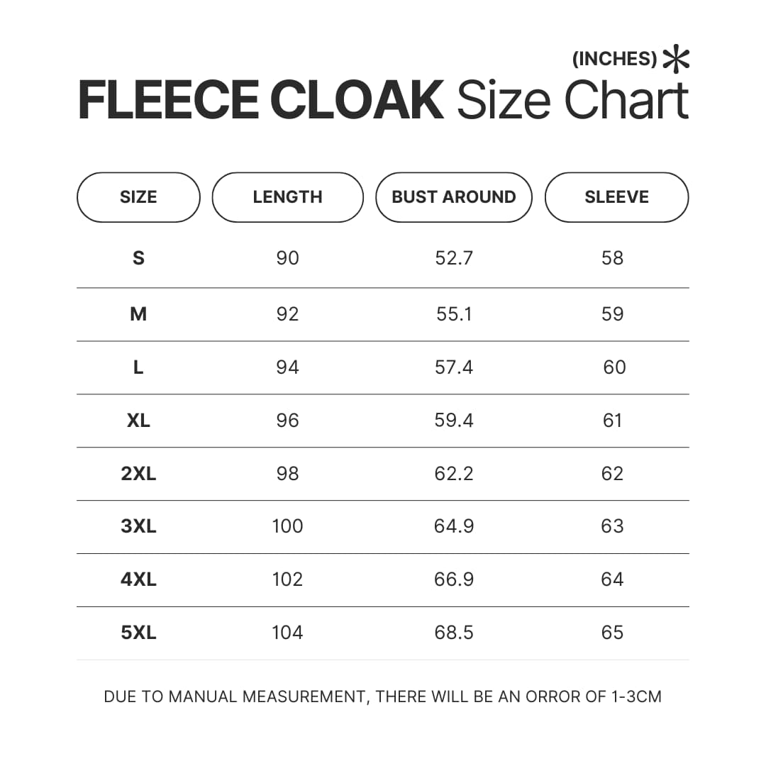 Fleece Cloak Size Chart - Cowboy Bebop Shop