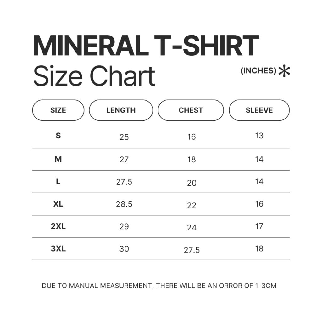 Mineral Wash T shirt Size Chart - Cowboy Bebop Shop