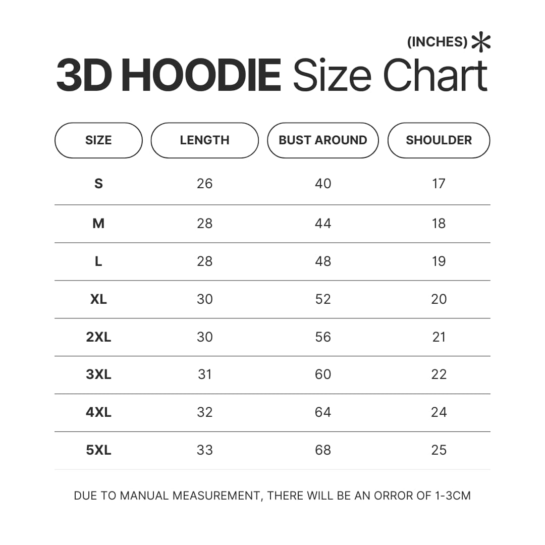 3D Hoodie Size Chart - Cowboy Bebop Shop